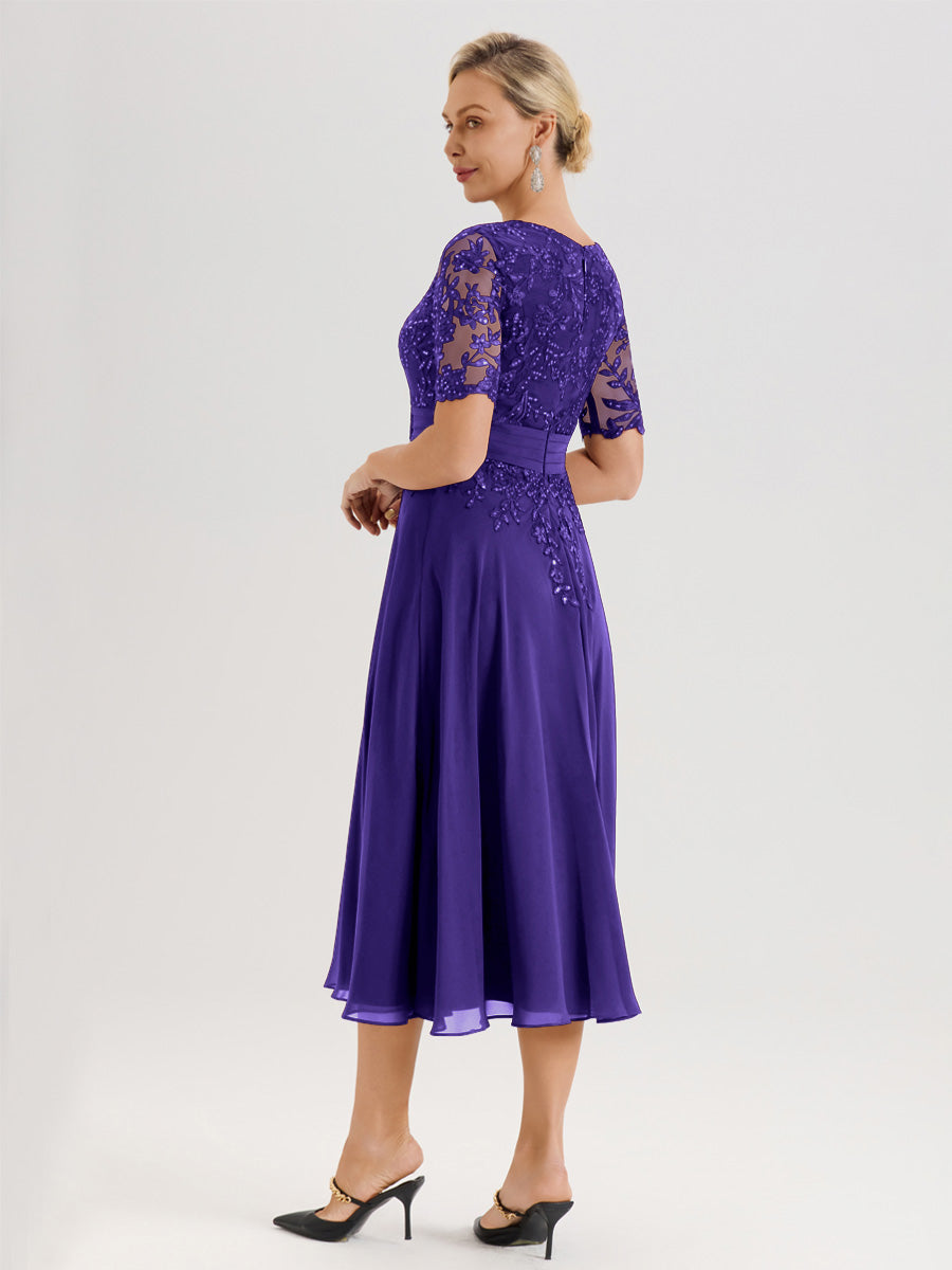 Cicinia Robe Mère De La Mariée Moderne En Régence Décolleté En V Manches Courtes Longueur Mi-Mollet