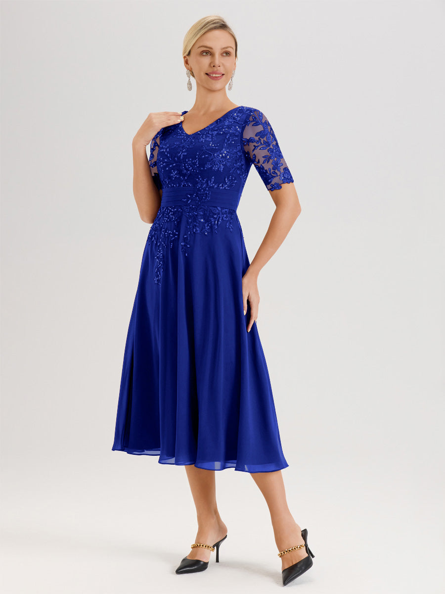 Cicinia Robe Mère De La Mariée Moderne Bleu Royal Décolleté En V Manches Courtes Longueur Mi-Mollet