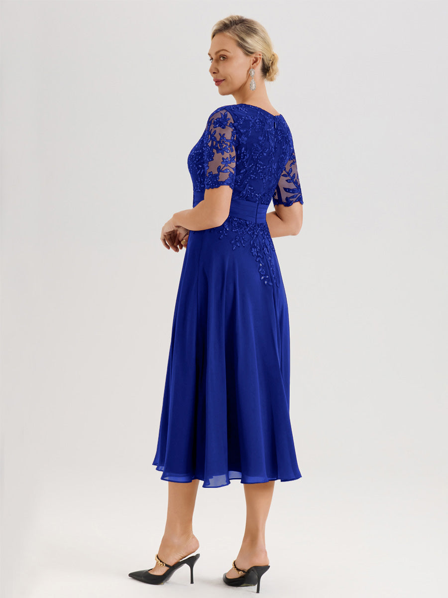 Cicinia Robe Mère De La Mariée Moderne Bleu Royal Décolleté En V Manches Courtes Longueur Mi-Mollet