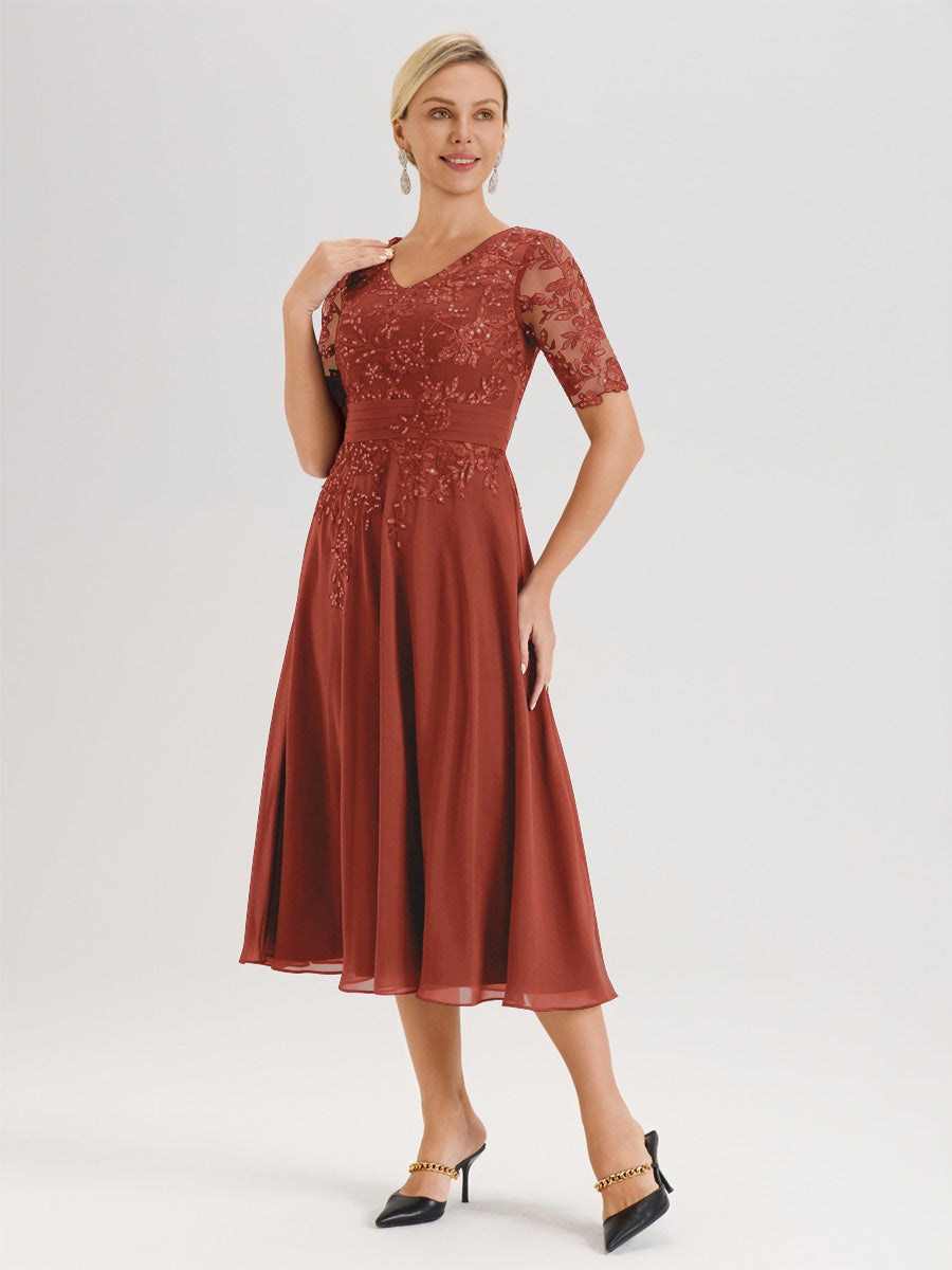 Cicinia Robe Mère De La Mariée Moderne Rouille Décolleté En V Manches Courtes Longueur Mi-Mollet