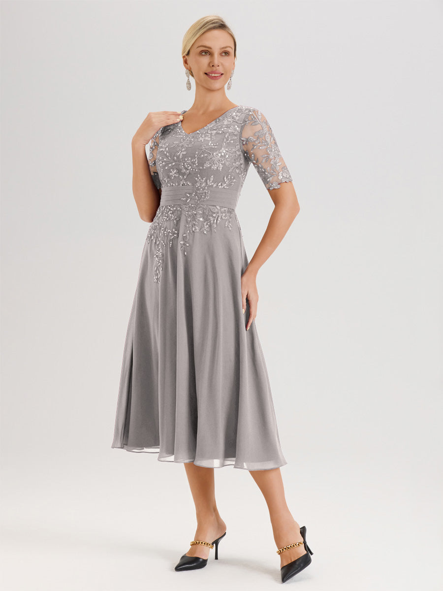 Cicinia Robe Mère De La Mariée Moderne Argenté Décolleté En V Manches Courtes Longueur Mi-Mollet