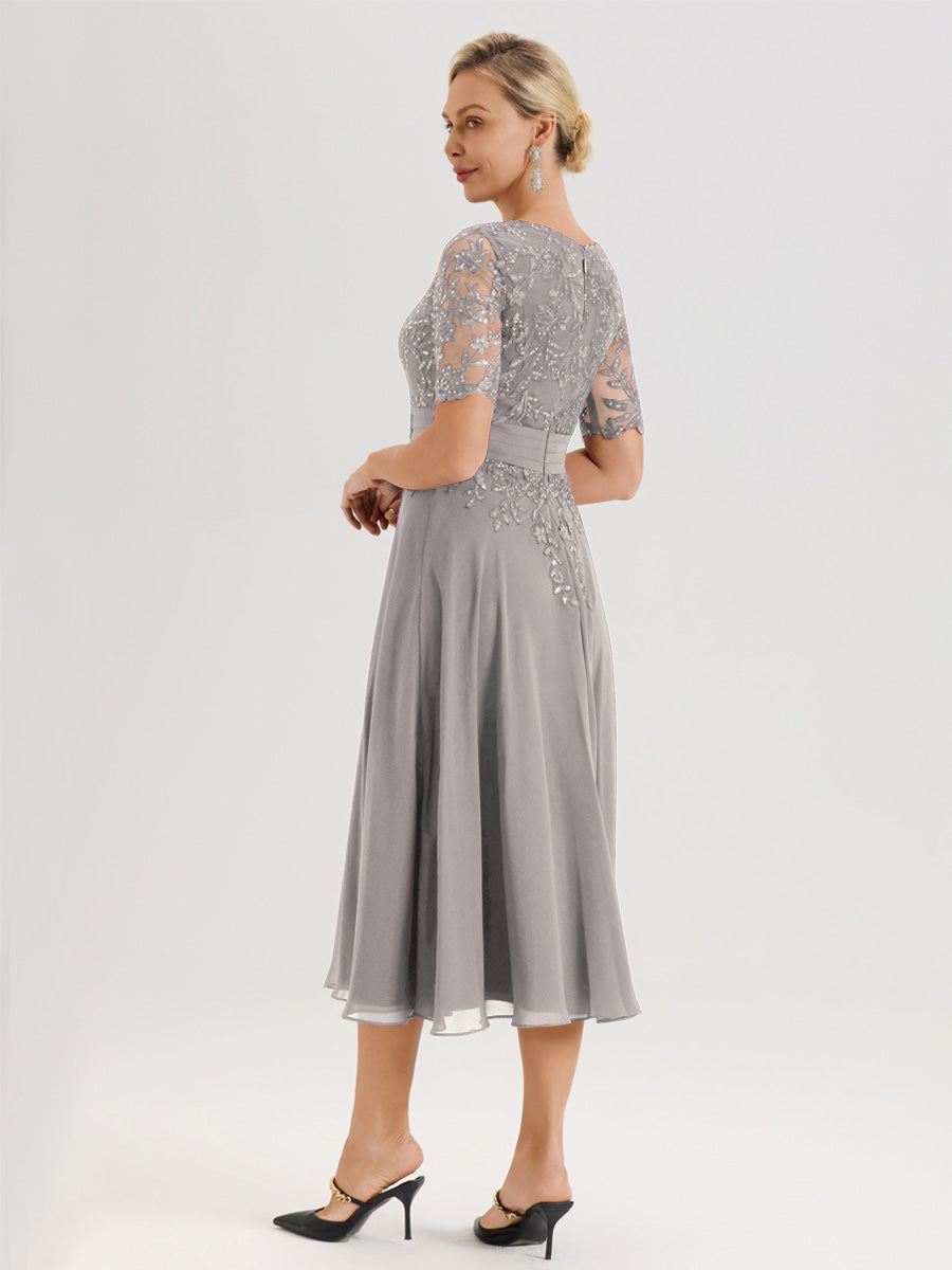 Cicinia Robe Mère De La Mariée Moderne Argenté Décolleté En V Manches Courtes Longueur Mi-Mollet