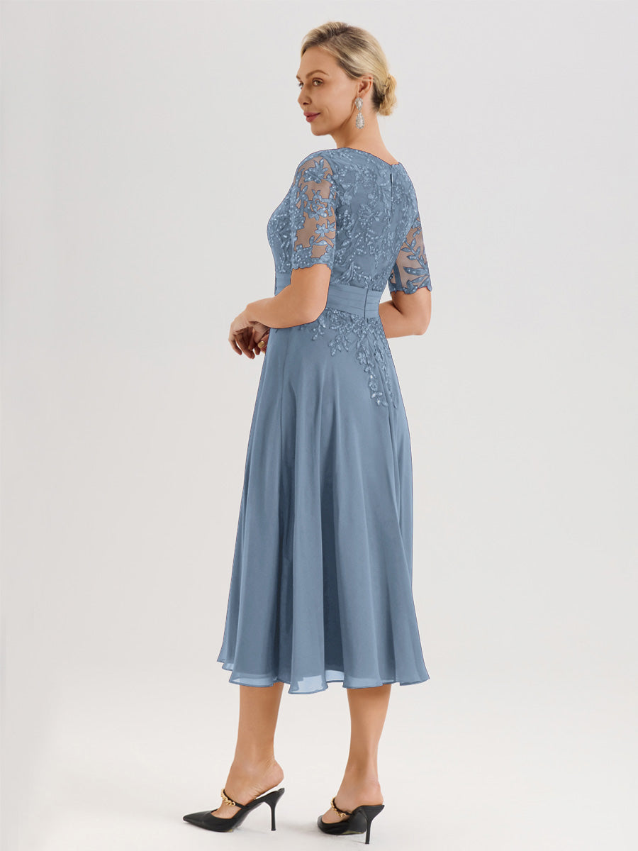 Cicinia Robe Mère De La Mariée Moderne Bleu De Schiste Décolleté En V Manches Courtes Longueur Mi-Mollet
