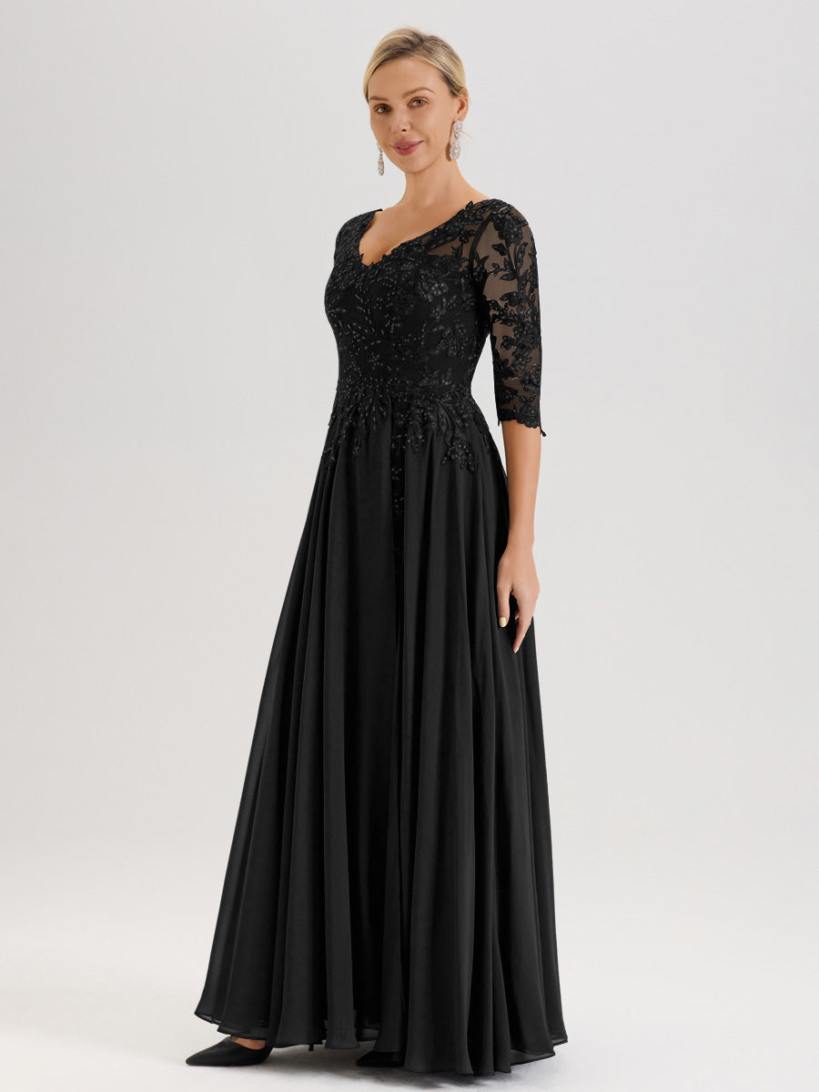 Cicinia Robe Mère De La Mariée Noir Longueur Au Sol En Chiffon Et Dentelle Décolleté En V À Manches Trois-Quarts