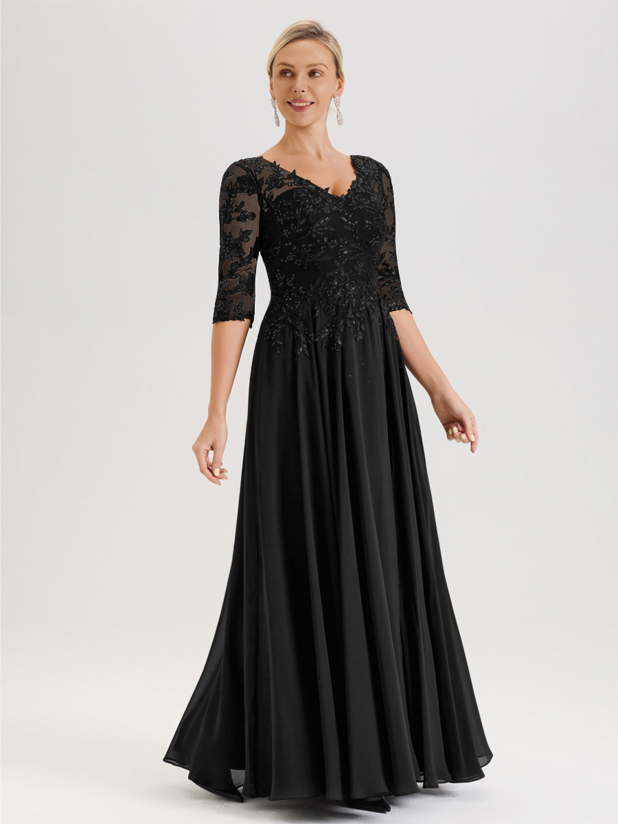 Cicinia Robe Mère De La Mariée Noir Longueur Au Sol En Chiffon Et Dentelle Décolleté En V À Manches Trois-Quarts