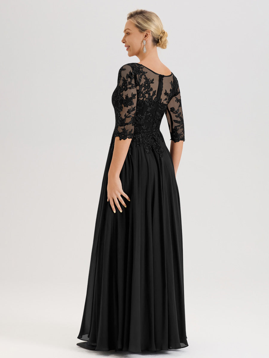 Cicinia Robe Mère De La Mariée Noir Longueur Au Sol En Chiffon Et Dentelle Décolleté En V À Manches Trois-Quarts
