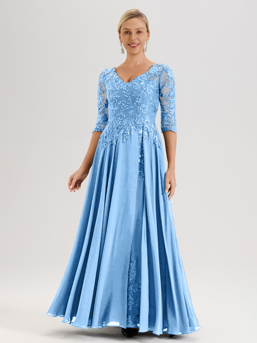Cicinia Robe Mère De La Mariée Bleu Longueur Au Sol En Chiffon Et Dentelle Décolleté En V À Manches Trois-Quarts