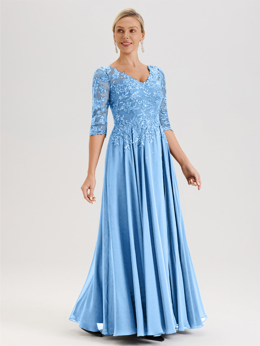 Cicinia Robe Mère De La Mariée Bleu Longueur Au Sol En Chiffon Et Dentelle Décolleté En V À Manches Trois-Quarts