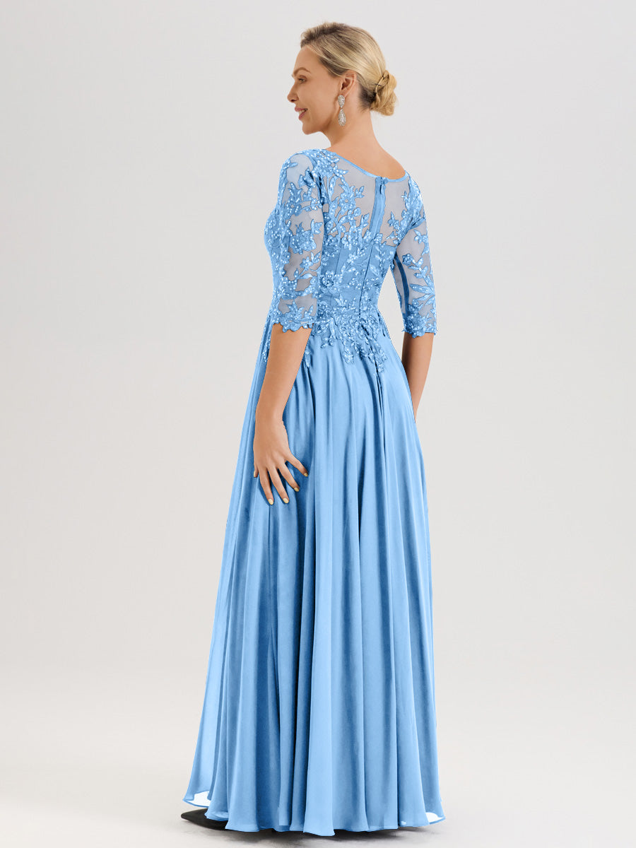 Cicinia Robe Mère De La Mariée Bleu Longueur Au Sol En Chiffon Et Dentelle Décolleté En V À Manches Trois-Quarts