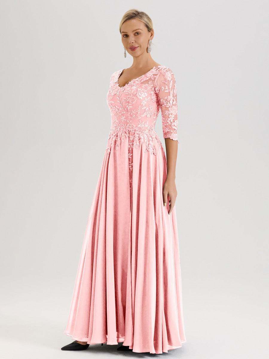 Cicinia Robe Mère De La Mariée Rose Doux Longueur Au Sol En Chiffon Et Dentelle Décolleté En V À Manches Trois-Quarts