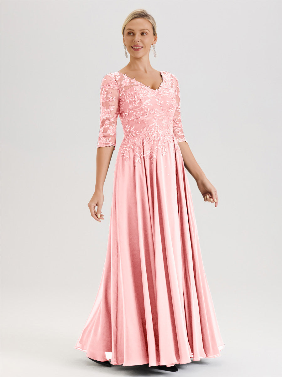 Cicinia Robe Mère De La Mariée Rose Doux Longueur Au Sol En Chiffon Et Dentelle Décolleté En V À Manches Trois-Quarts