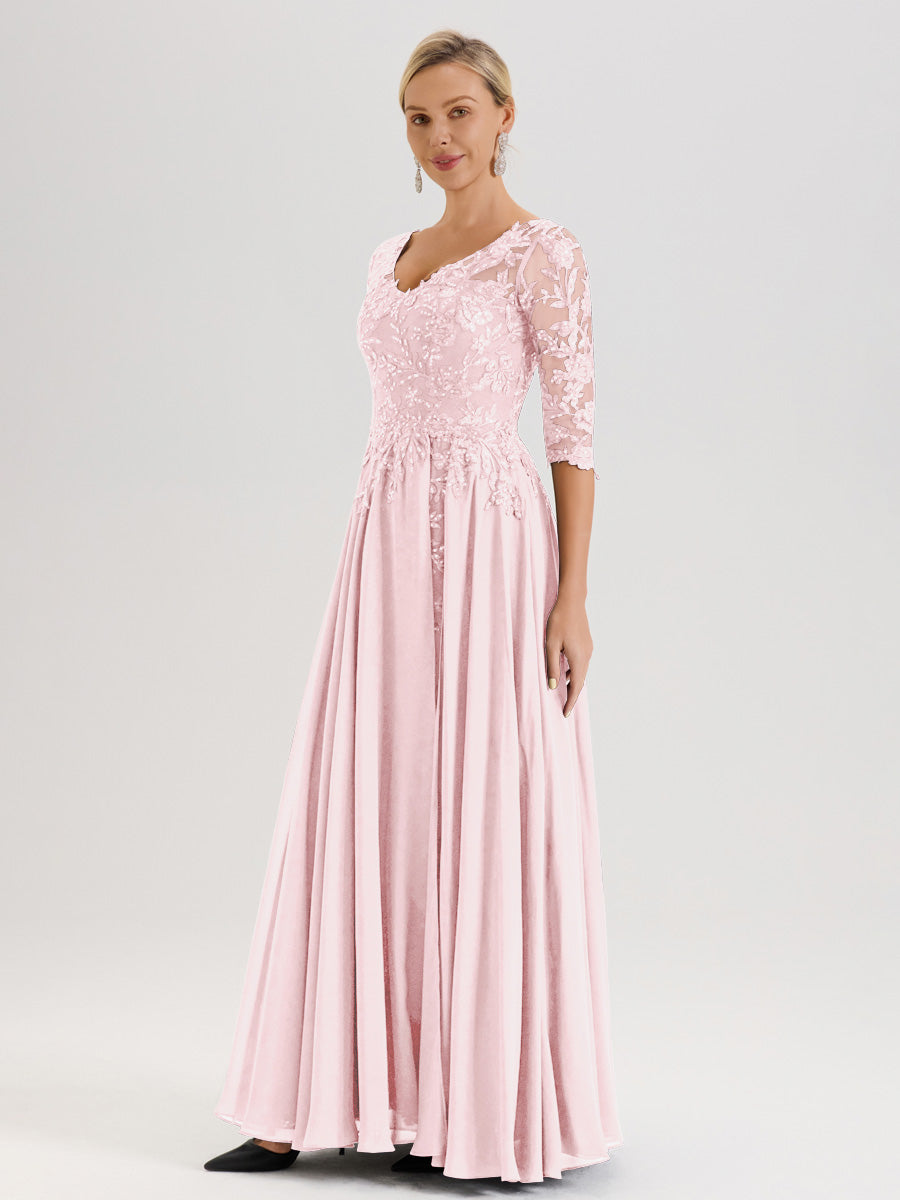 Cicinia Robe Mère De La Mariée Rose Pale Longueur Au Sol En Chiffon Et Dentelle Décolleté En V À Manches Trois-Quarts