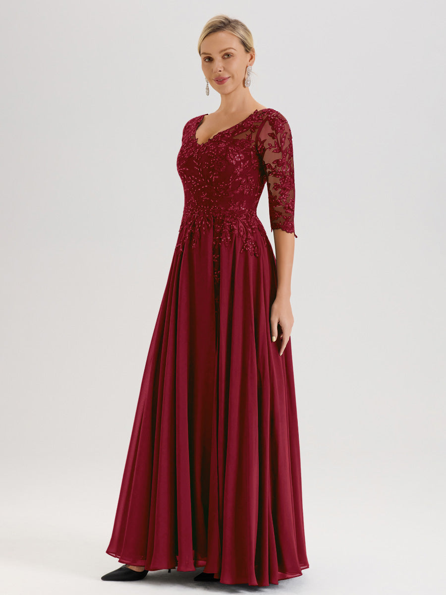 Cicinia Robe Mère De La Mariée Couleur Bordeaux Longueur Au Sol En Chiffon Et Dentelle Décolleté En V À Manches Trois-Quarts