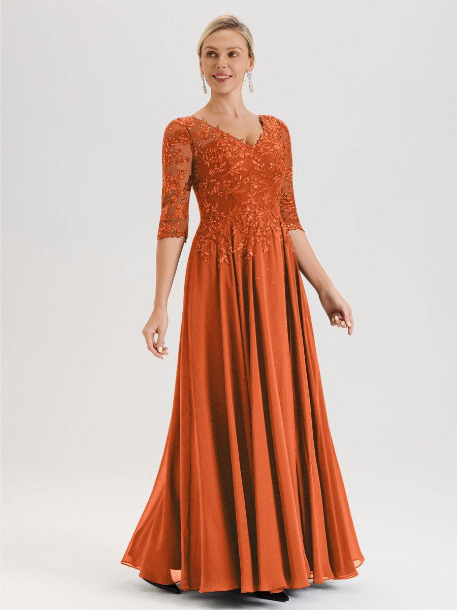 Cicinia Robe Mère De La Mariée Orange Brûlé Longueur Au Sol En Chiffon Et Dentelle Décolleté En V À Manches Trois-Quarts