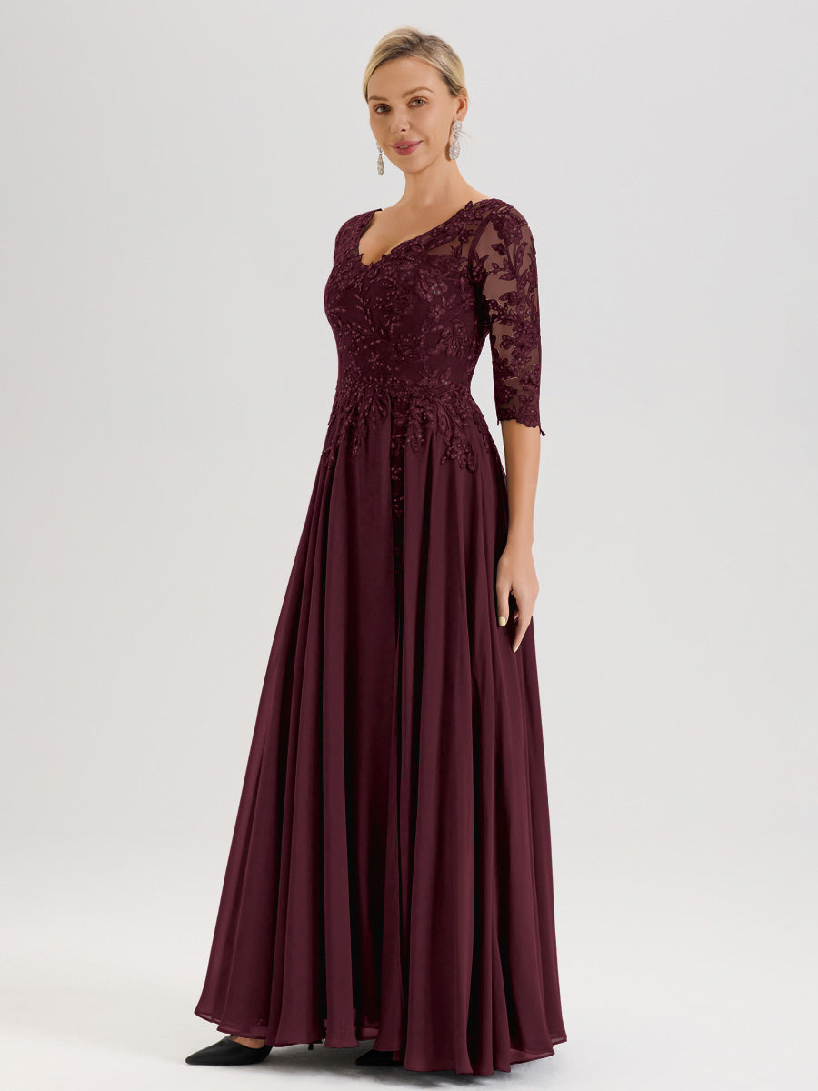 Cicinia Robe Mère De La Mariée Cabernet Longueur Au Sol En Chiffon Et Dentelle Décolleté En V À Manches Trois-Quarts