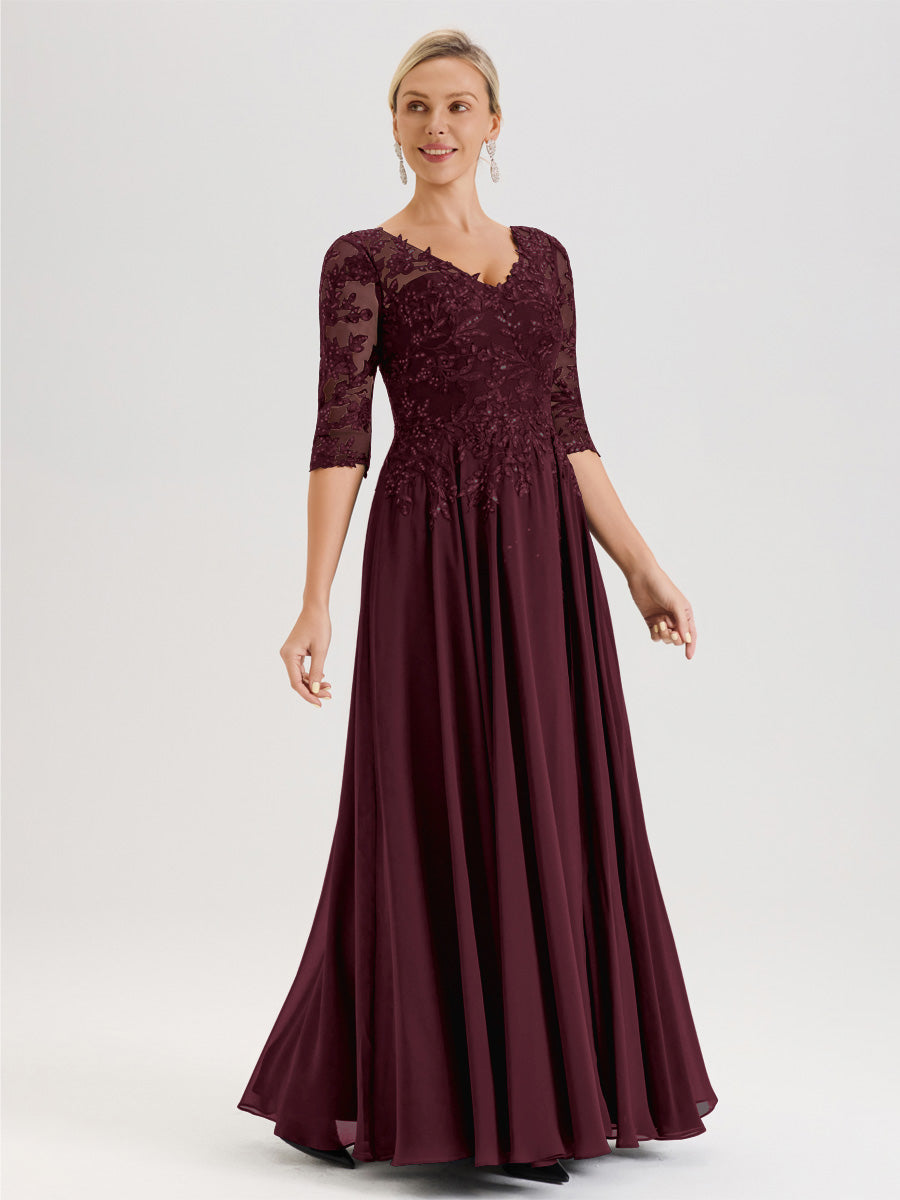 Cicinia Robe Mère De La Mariée Cabernet Longueur Au Sol En Chiffon Et Dentelle Décolleté En V À Manches Trois-Quarts