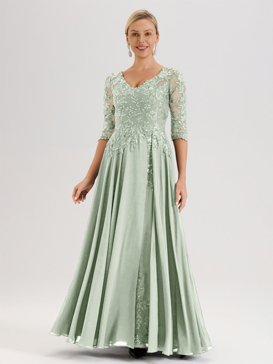 Cicinia Robe Mère De La Mariée Celadon Longueur Au Sol En Chiffon Et Dentelle Décolleté En V À Manches Trois-Quarts