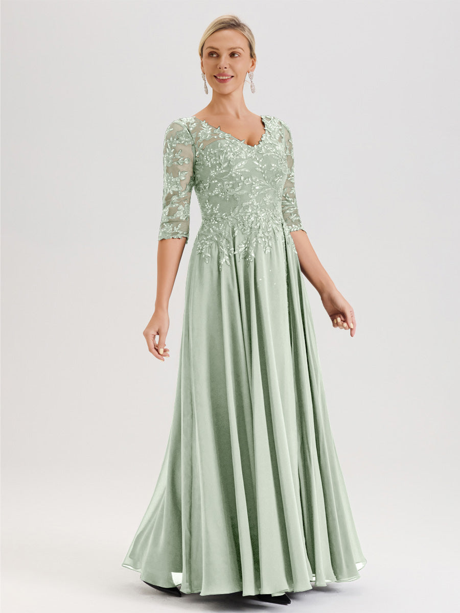 Cicinia Robe Mère De La Mariée Celadon Longueur Au Sol En Chiffon Et Dentelle Décolleté En V À Manches Trois-Quarts