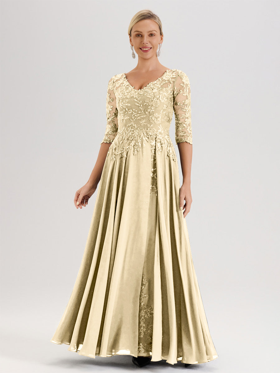 Cicinia Robe Mère De La Mariée Couleur Champagne Longueur Au Sol En Chiffon Et Dentelle Décolleté En V À Manches Trois-Quarts