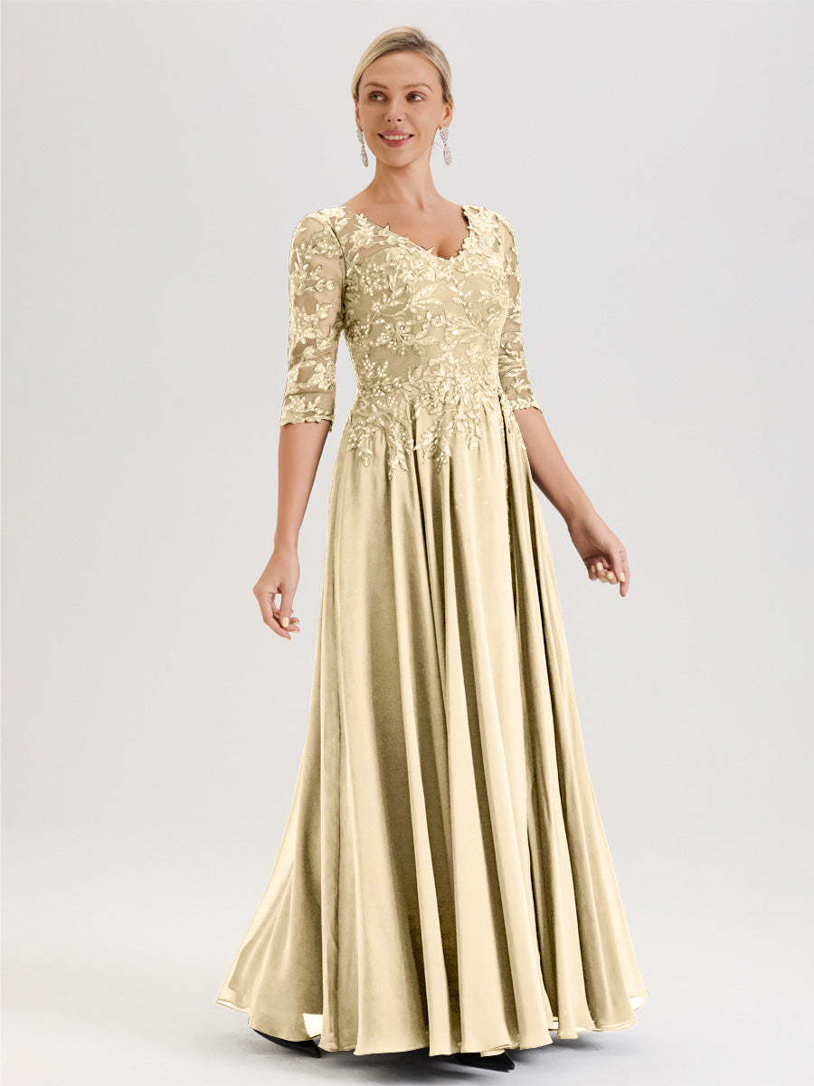 Cicinia Robe Mère De La Mariée Couleur Champagne Longueur Au Sol En Chiffon Et Dentelle Décolleté En V À Manches Trois-Quarts