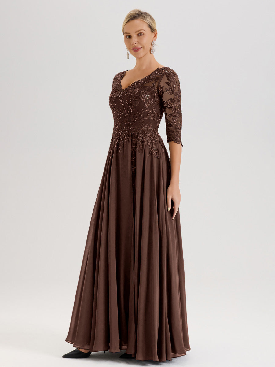 Cicinia Robe Mère De La Mariée Marron Chocolat Longueur Au Sol En Chiffon Et Dentelle Décolleté En V À Manches Trois-Quarts