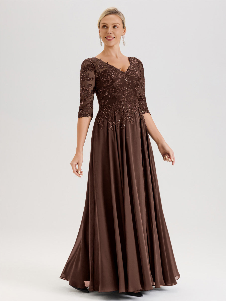 Cicinia Robe Mère De La Mariée Marron Chocolat Longueur Au Sol En Chiffon Et Dentelle Décolleté En V À Manches Trois-Quarts
