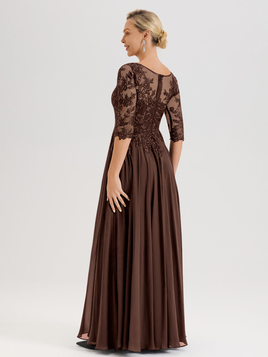 Cicinia Robe Mère De La Mariée Marron Chocolat Longueur Au Sol En Chiffon Et Dentelle Décolleté En V À Manches Trois-Quarts