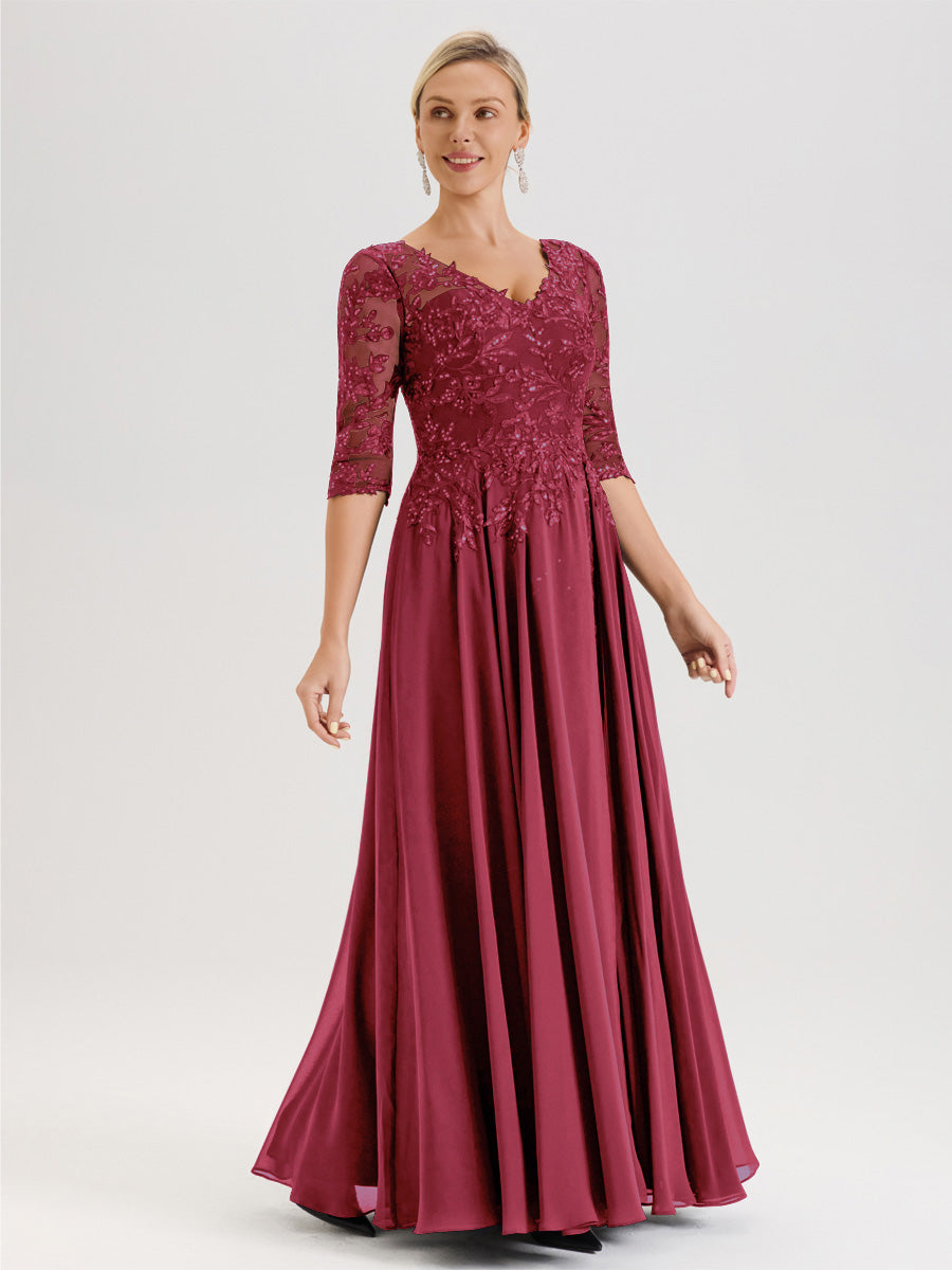 Cicinia Robe Mère De La Mariée Couleur Rose Cannelle Longueur Au Sol En Chiffon Et Dentelle Décolleté En V À Manches Trois-Quarts