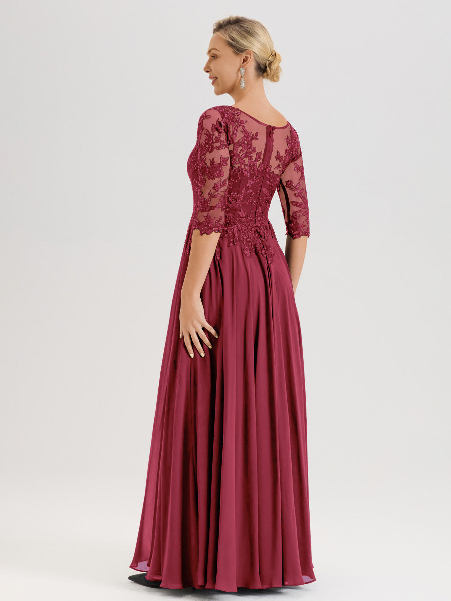 Cicinia Robe Mère De La Mariée Couleur Rose Cannelle Longueur Au Sol En Chiffon Et Dentelle Décolleté En V À Manches Trois-Quarts