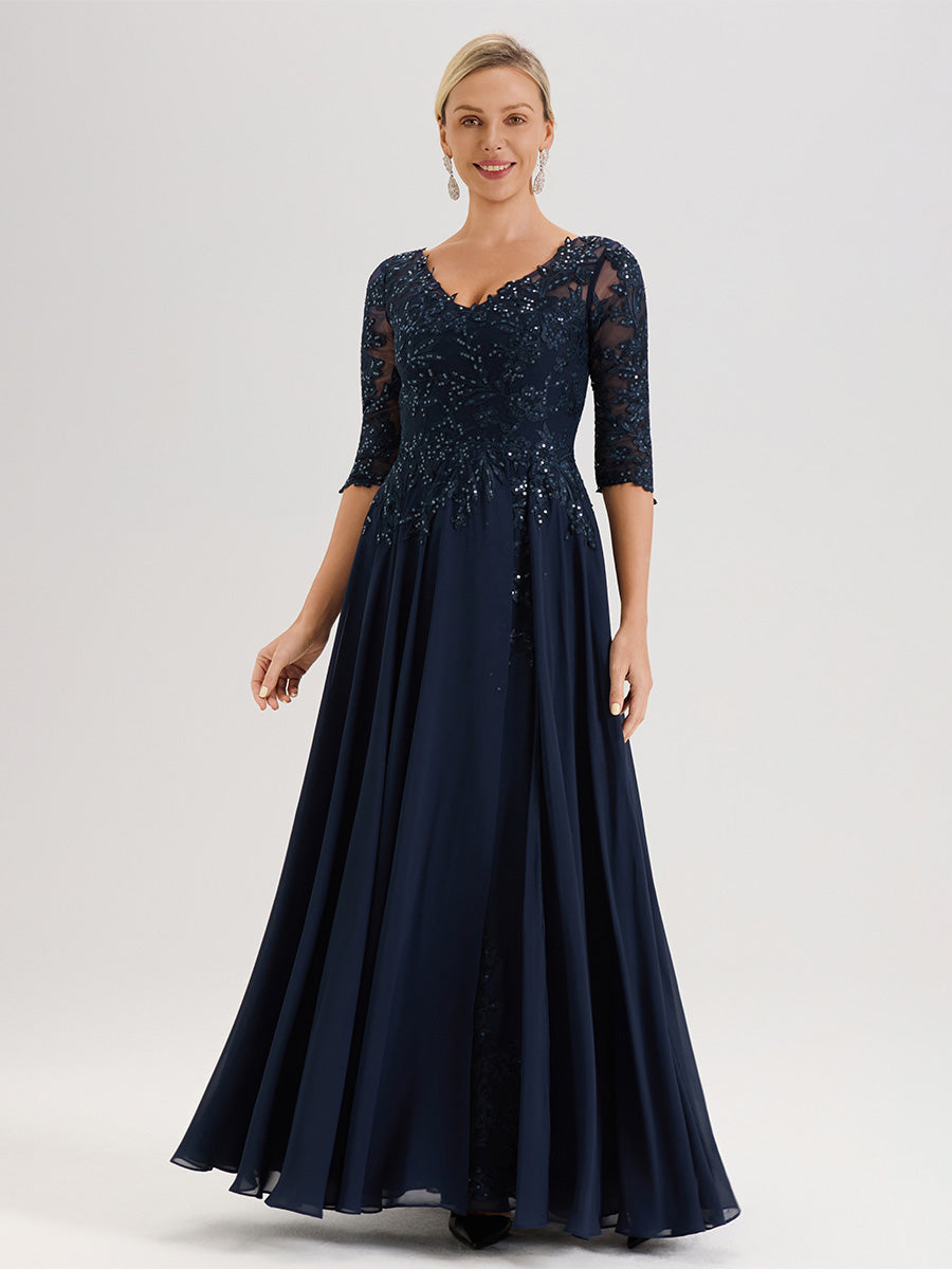 Cicinia Robe Mère De La Mariée Bleu Marine Longueur Au Sol En Chiffon Et Dentelle Décolleté En V À Manches Trois-Quarts