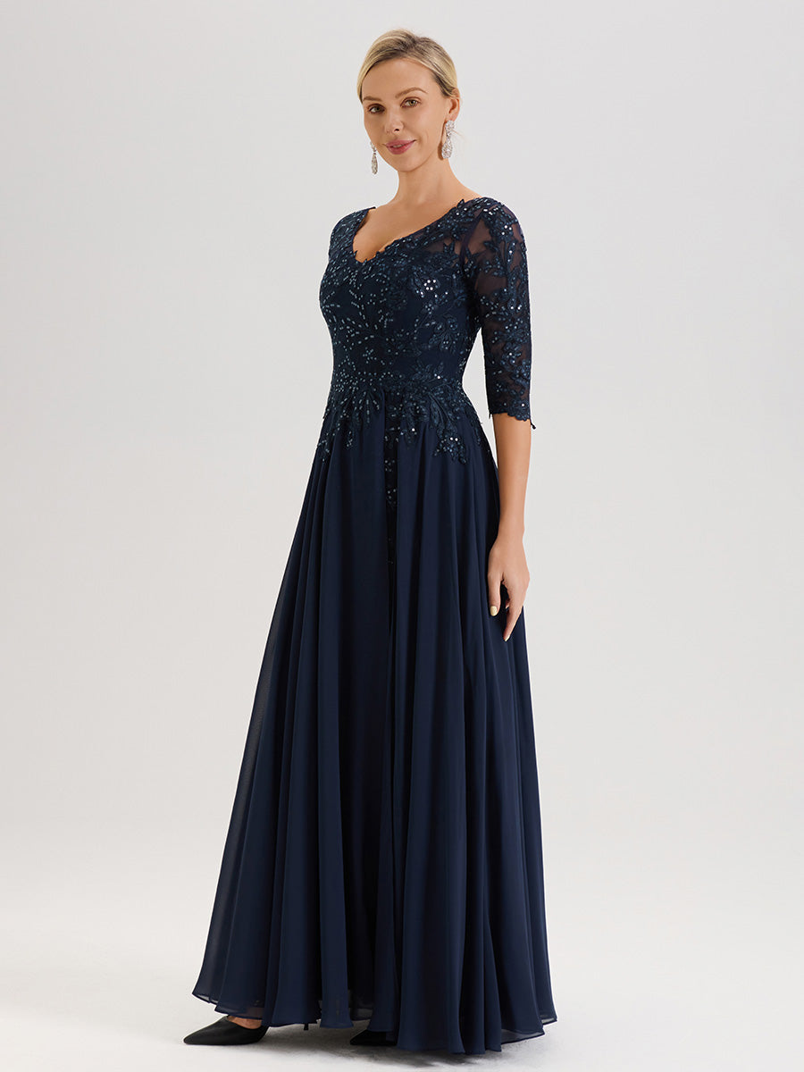 Cicinia Robe Mère De La Mariée Bleu Marine Longueur Au Sol En Chiffon Et Dentelle Décolleté En V À Manches Trois-Quarts