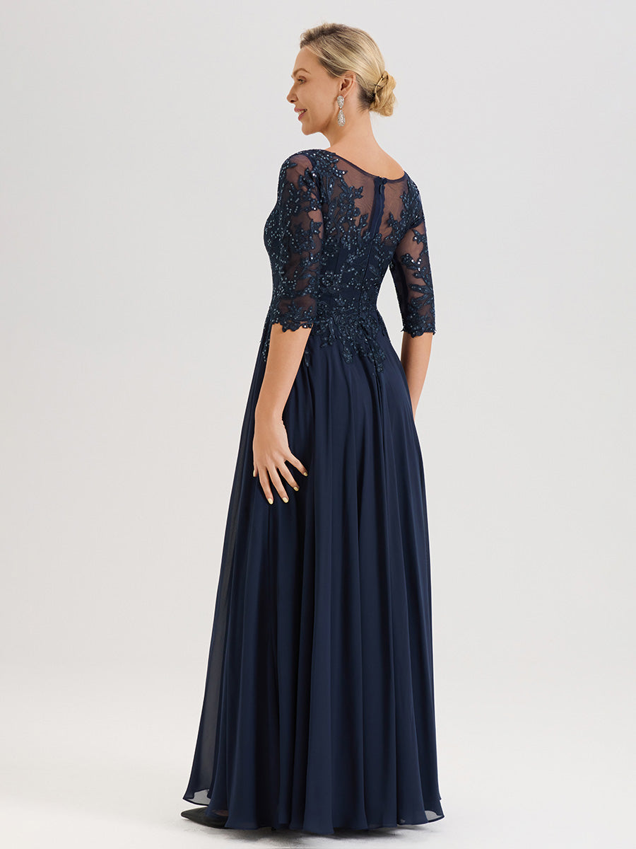 Cicinia Robe Mère De La Mariée Bleu Marine Longueur Au Sol En Chiffon Et Dentelle Décolleté En V À Manches Trois-Quarts