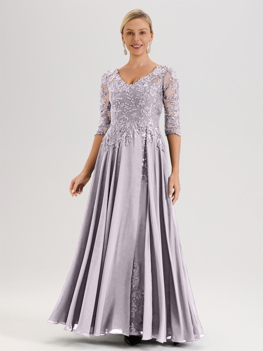 Cicinia Robe Mère De La Mariée Couleur Crépuscule Longueur Au Sol En Chiffon Et Dentelle Décolleté En V À Manches Trois-Quarts