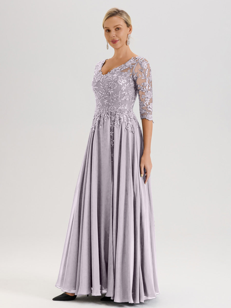 Cicinia Robe Mère De La Mariée Couleur Crépuscule Longueur Au Sol En Chiffon Et Dentelle Décolleté En V À Manches Trois-Quarts