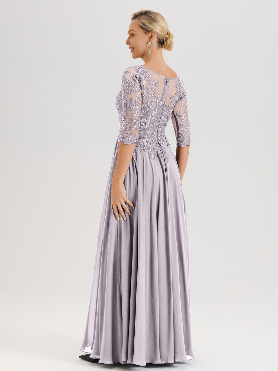 Cicinia Robe Mère De La Mariée Couleur Crépuscule Longueur Au Sol En Chiffon Et Dentelle Décolleté En V À Manches Trois-Quarts