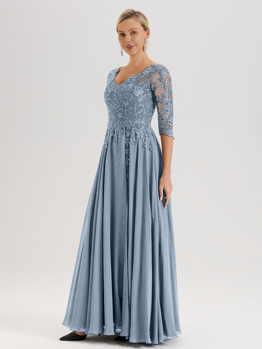 Cicinia Robe Mère De La Mariée Bleu Poudre Longueur Au Sol En Chiffon Et Dentelle Décolleté En V À Manches Trois-Quarts