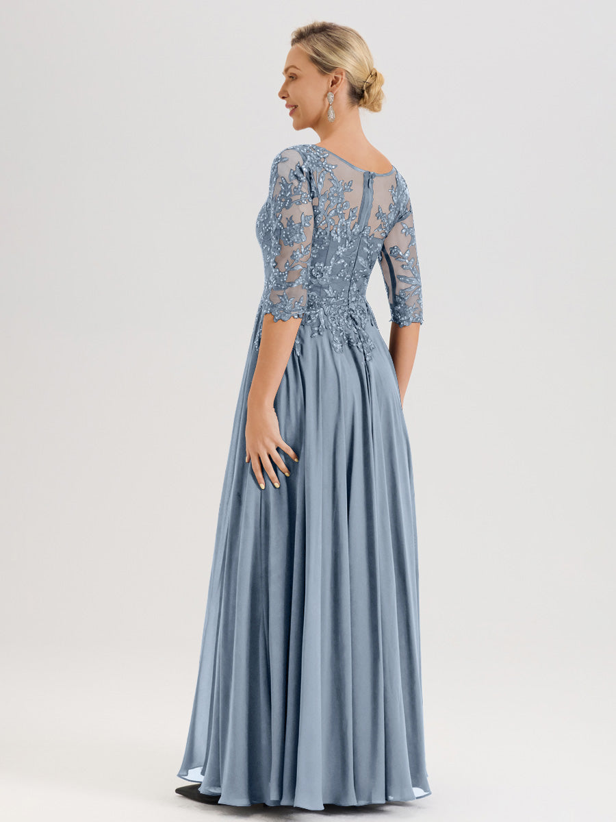 Cicinia Robe Mère De La Mariée Bleu Poudre Longueur Au Sol En Chiffon Et Dentelle Décolleté En V À Manches Trois-Quarts