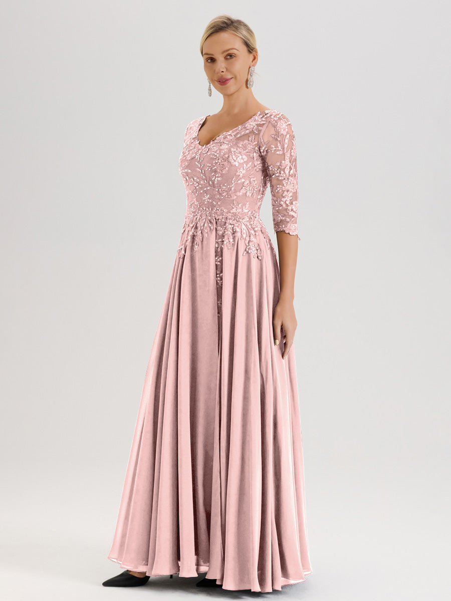 Cicinia Robe Mère De La Mariée Rose Poussiéreux Longueur Au Sol En Chiffon Et Dentelle Décolleté En V À Manches Trois-Quarts