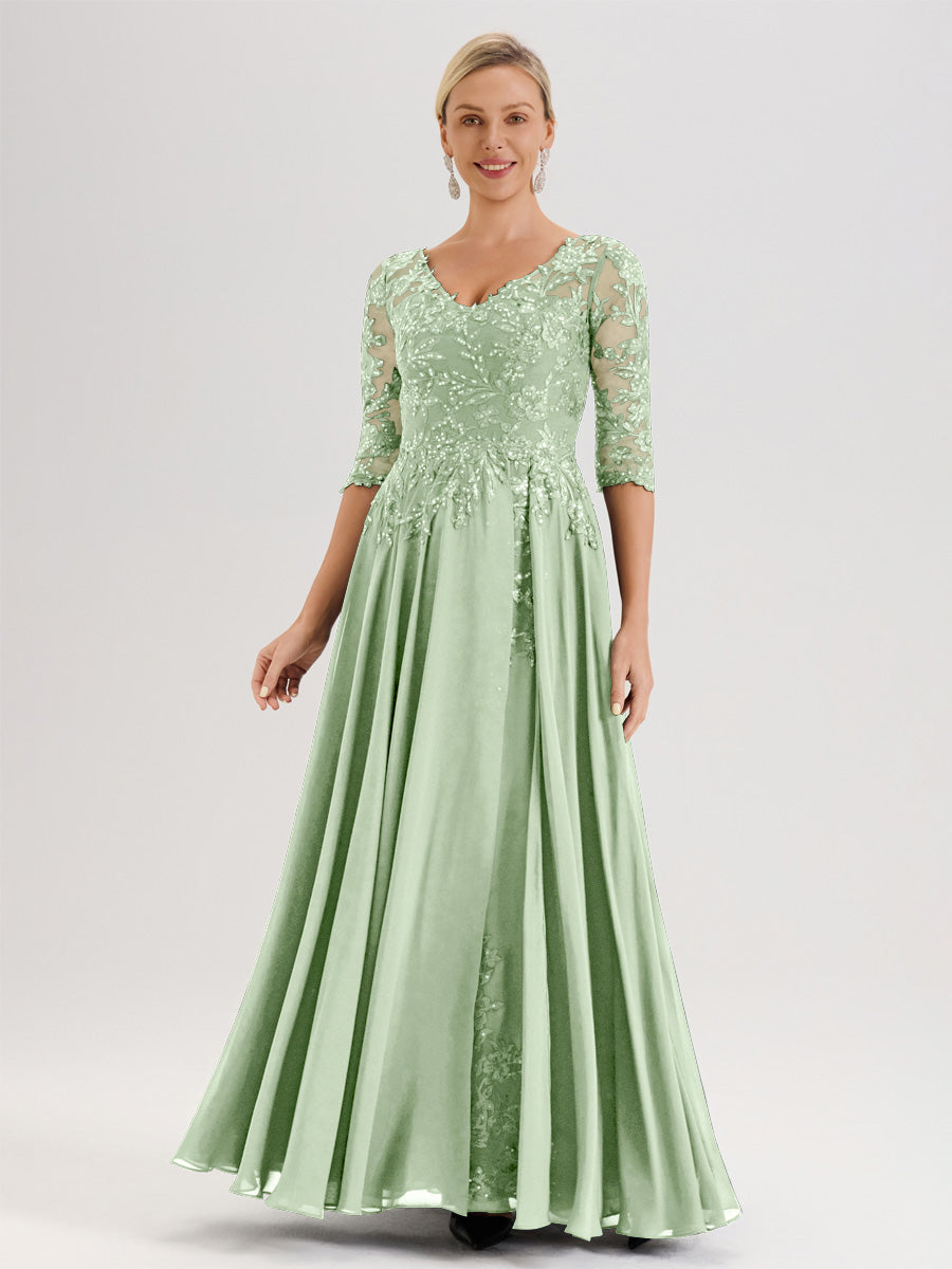 Cicinia Robe Mère De La Mariée Sauge Poudre Longueur Au Sol En Chiffon Et Dentelle Décolleté En V À Manches Trois-Quarts