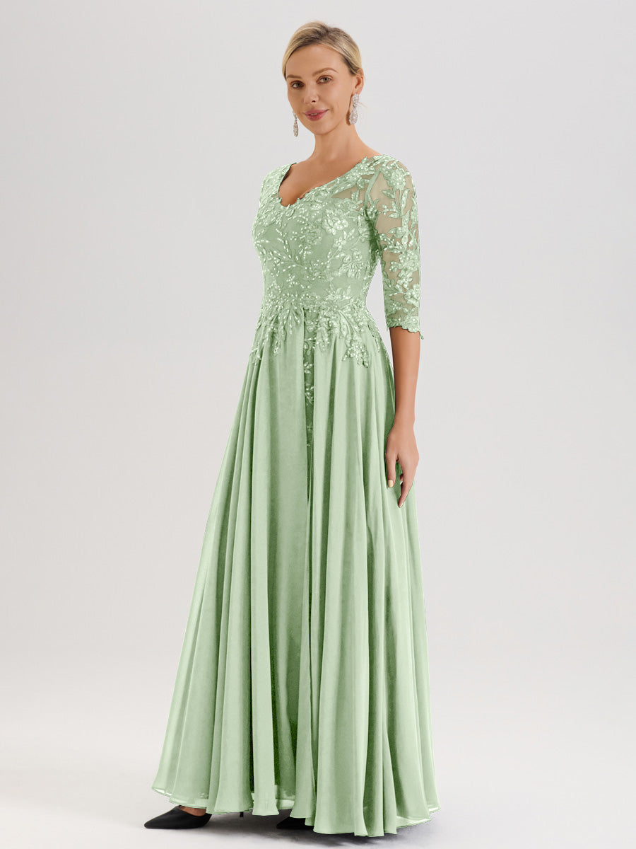 Cicinia Robe Mère De La Mariée Sauge Poudre Longueur Au Sol En Chiffon Et Dentelle Décolleté En V À Manches Trois-Quarts