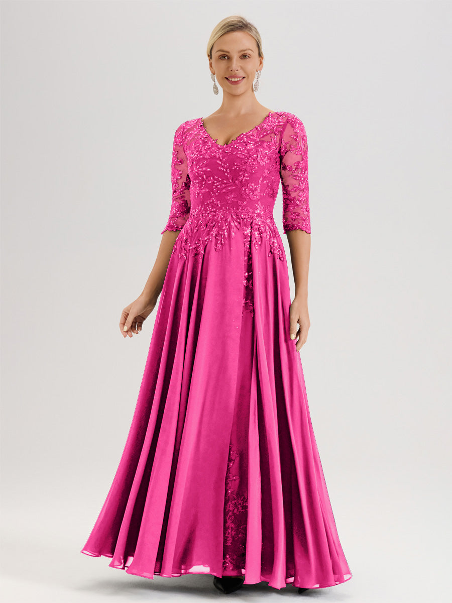 Cicinia Robe Mère De La Mariée Fuchsia Rose Longueur Au Sol En Chiffon Et Dentelle Décolleté En V À Manches Trois-Quarts