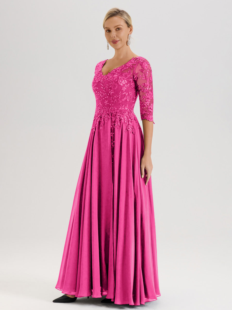 Cicinia Robe Mère De La Mariée Fuchsia Rose Longueur Au Sol En Chiffon Et Dentelle Décolleté En V À Manches Trois-Quarts