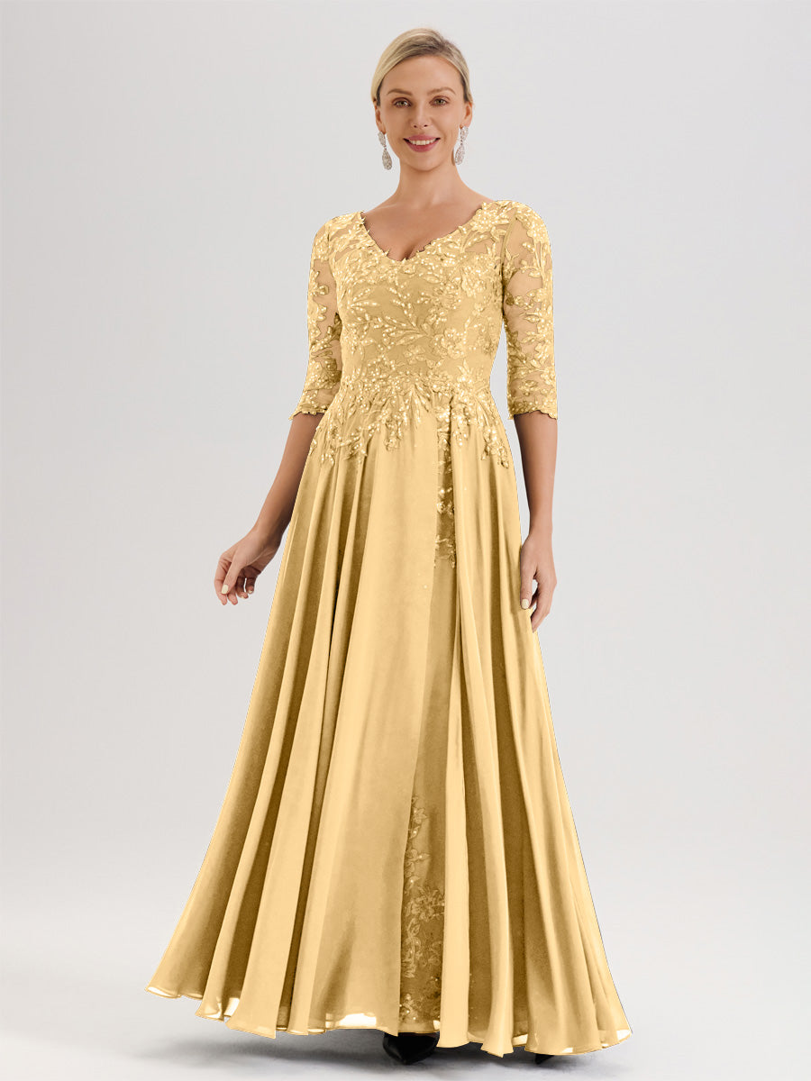 Cicinia Robe Mère De La Mariée Couleur Or Longueur Au Sol En Chiffon Et Dentelle Décolleté En V À Manches Trois-Quarts