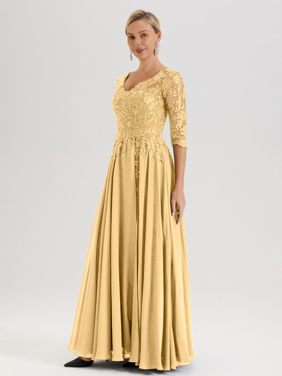 Cicinia Robe Mère De La Mariée Couleur Or Longueur Au Sol En Chiffon Et Dentelle Décolleté En V À Manches Trois-Quarts