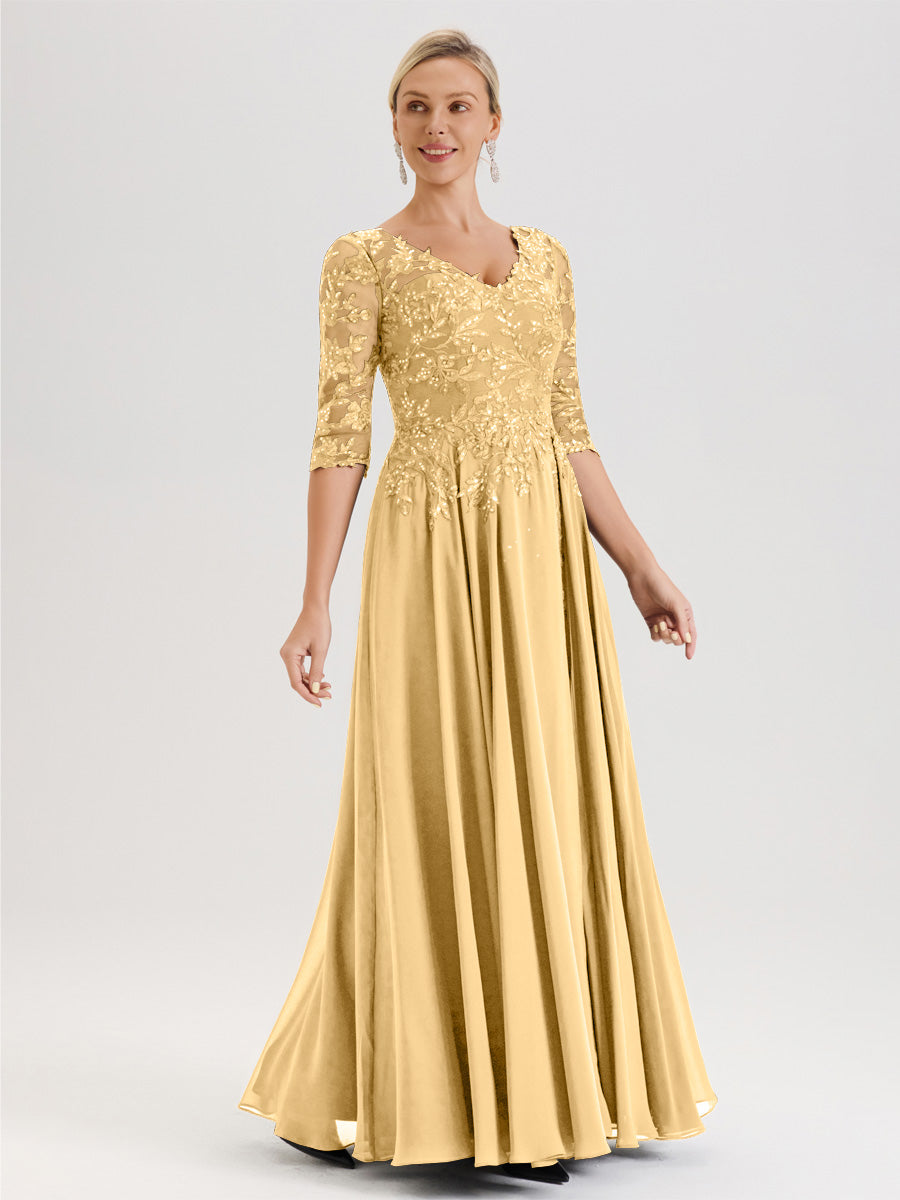 Cicinia Robe Mère De La Mariée Couleur Or Longueur Au Sol En Chiffon Et Dentelle Décolleté En V À Manches Trois-Quarts