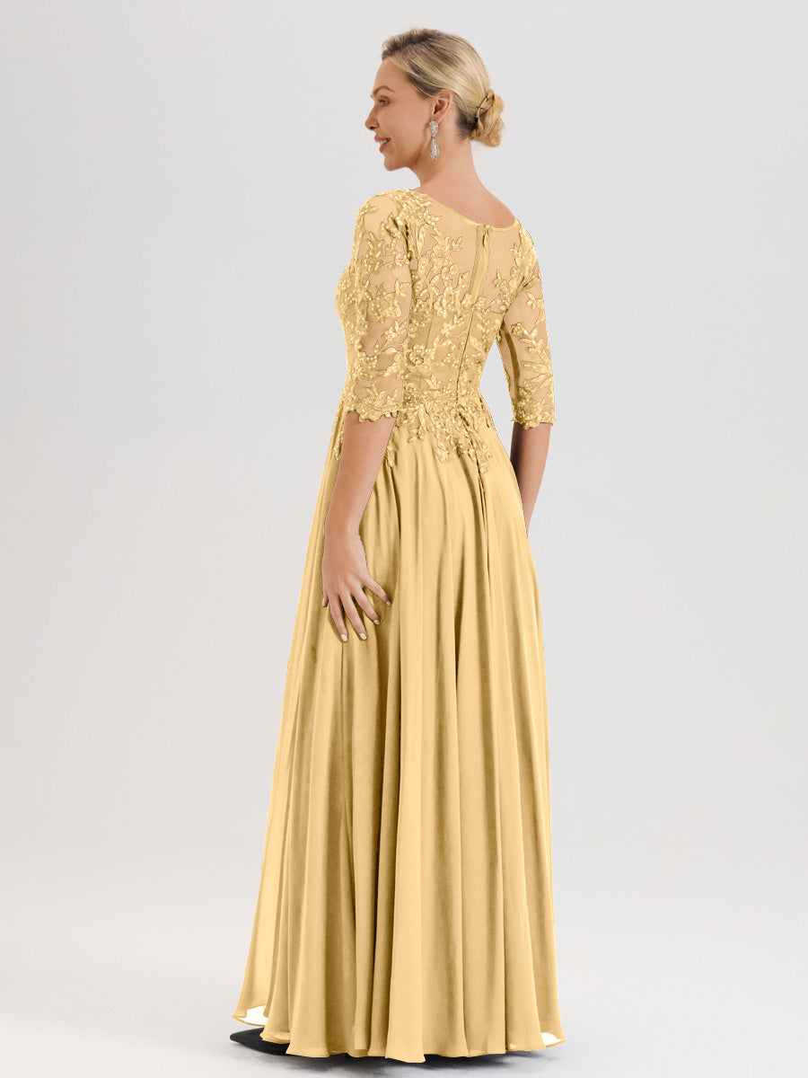 Cicinia Robe Mère De La Mariée Couleur Or Longueur Au Sol En Chiffon Et Dentelle Décolleté En V À Manches Trois-Quarts