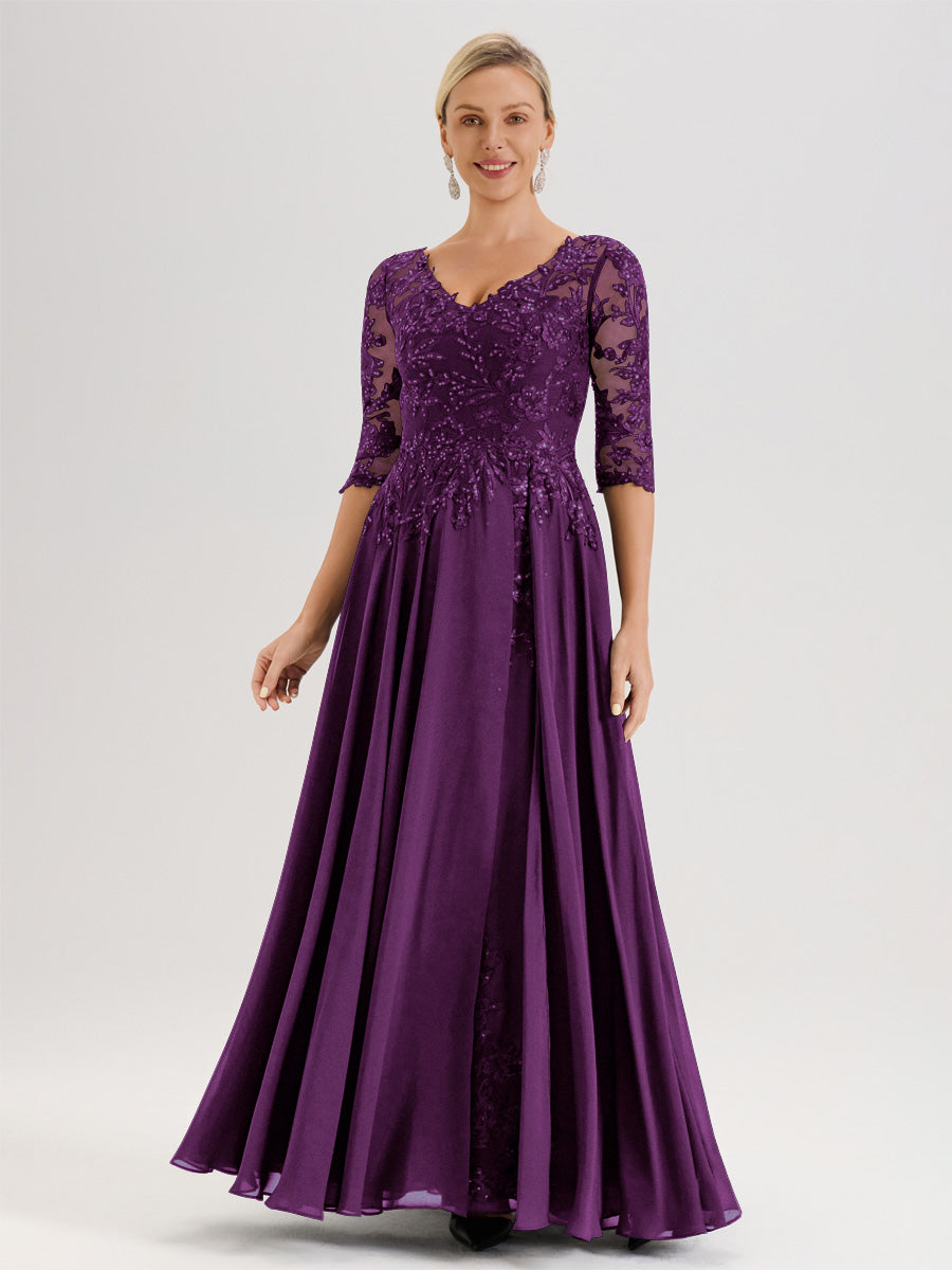 Cicinia Robe Mère De La Mariée En Raisin Longueur Au Sol En Chiffon Et Dentelle Décolleté En V À Manches Trois-Quarts
