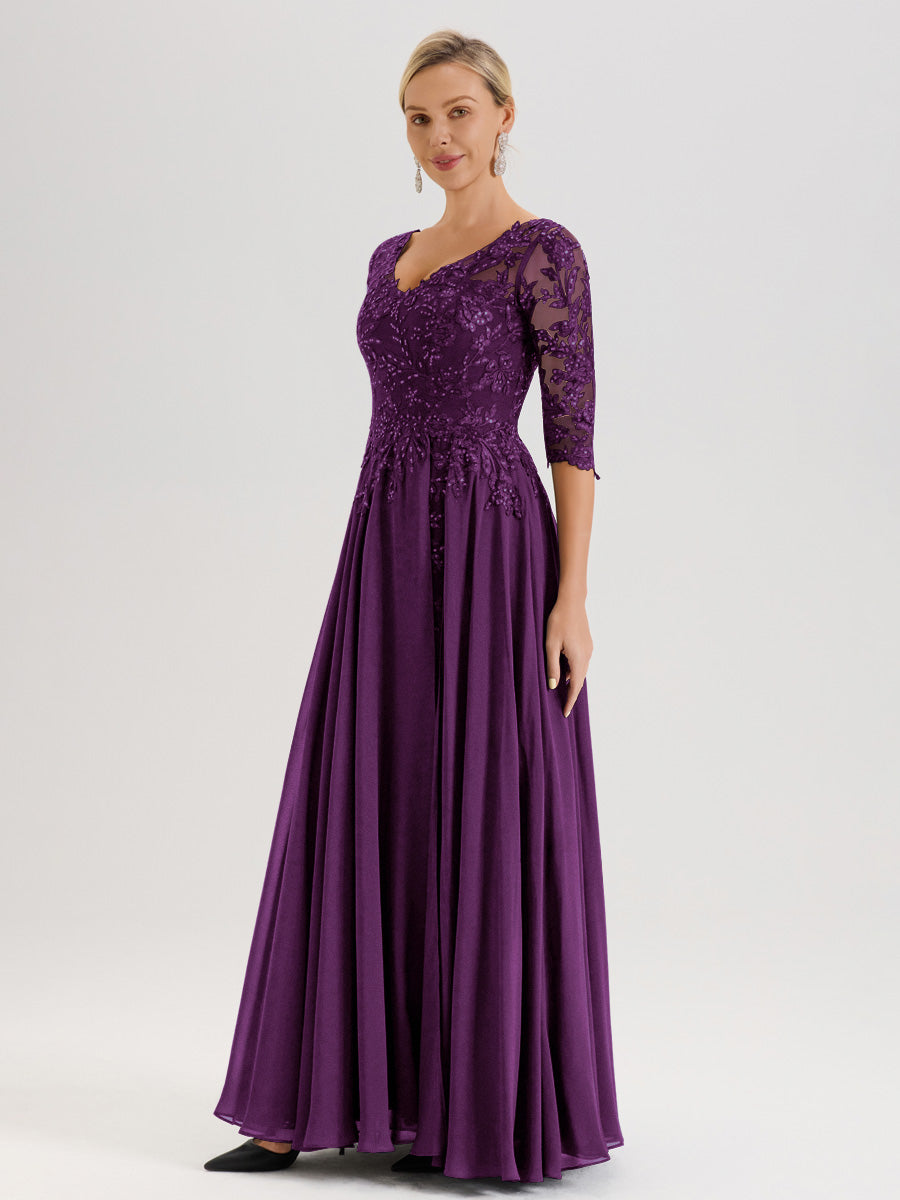 Cicinia Robe Mère De La Mariée En Raisin Longueur Au Sol En Chiffon Et Dentelle Décolleté En V À Manches Trois-Quarts