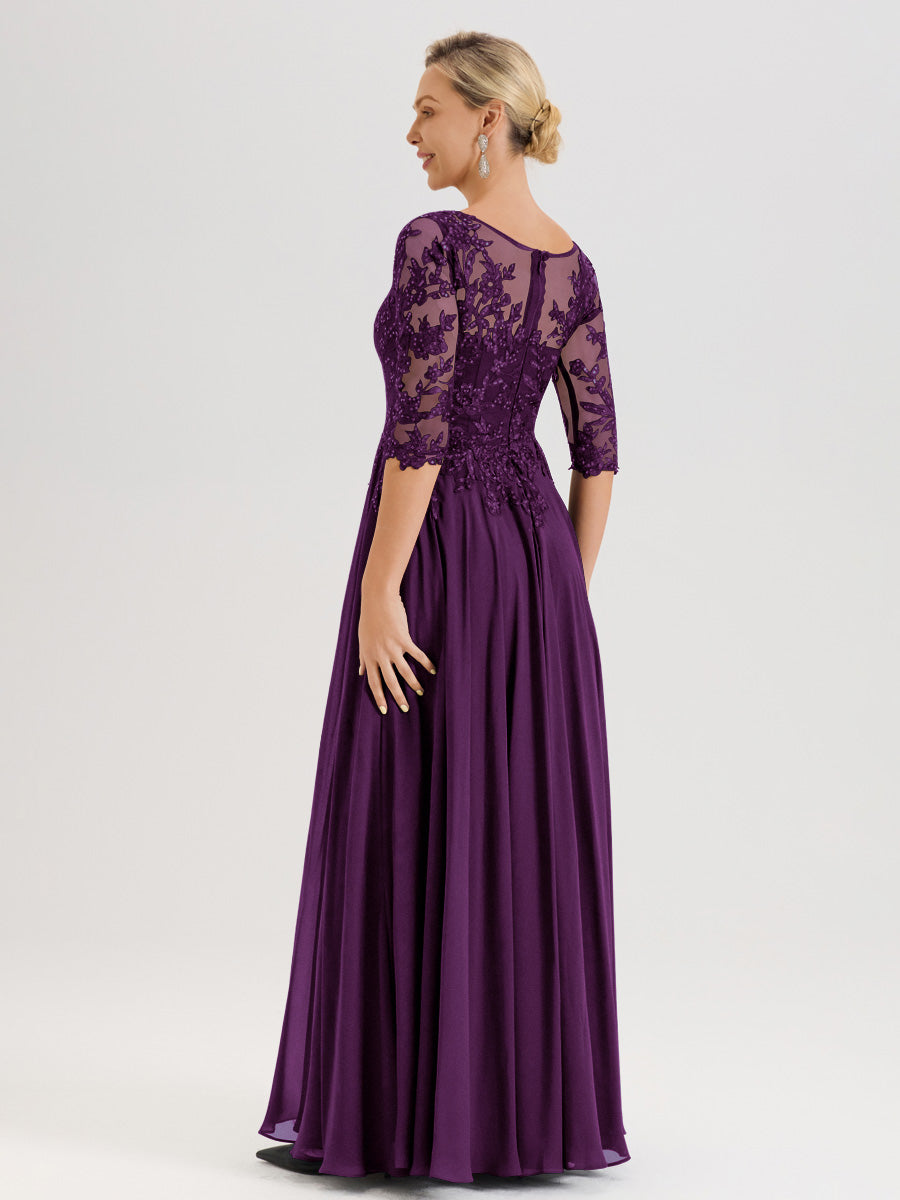 Cicinia Robe Mère De La Mariée En Raisin Longueur Au Sol En Chiffon Et Dentelle Décolleté En V À Manches Trois-Quarts