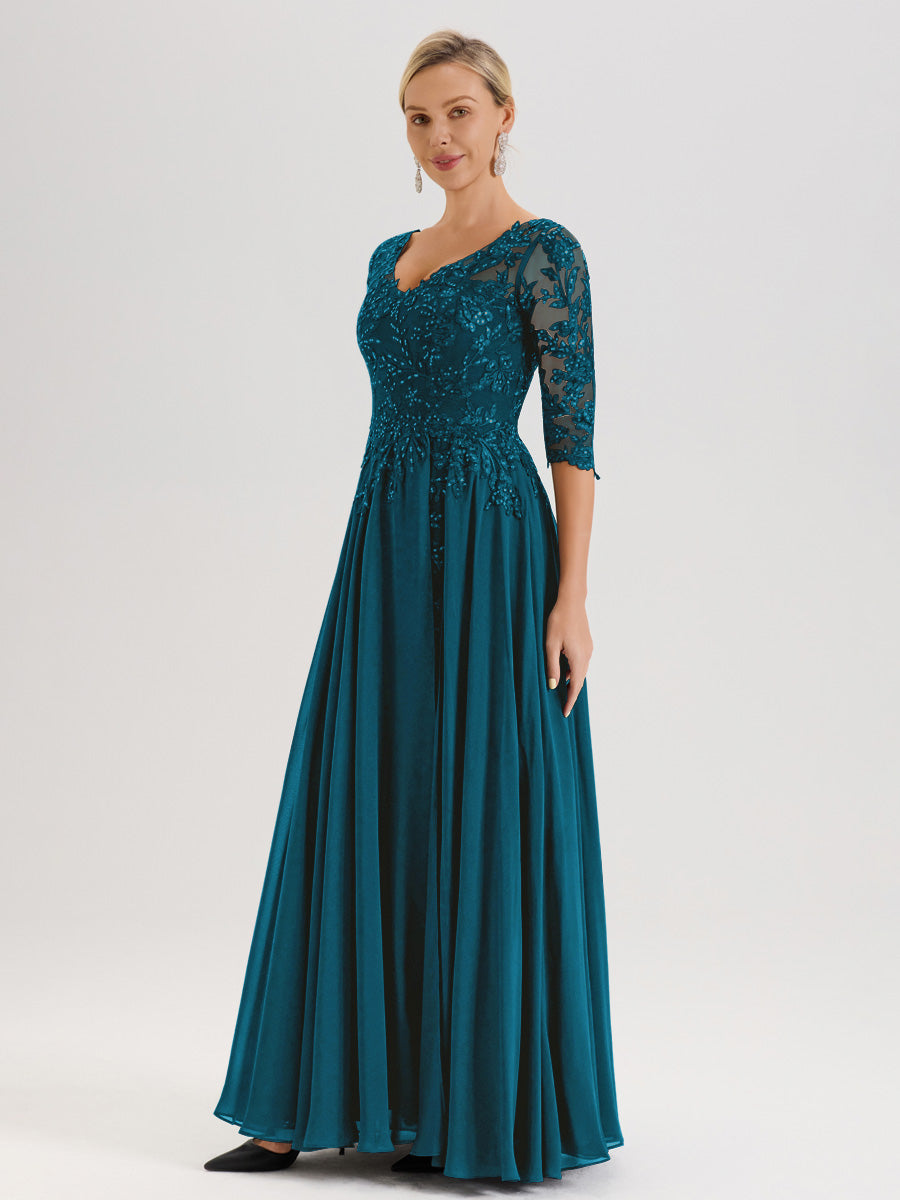 Cicinia Robe Mère De La Mariée Bleu Encre Longueur Au Sol En Chiffon Et Dentelle Décolleté En V À Manches Trois-Quarts